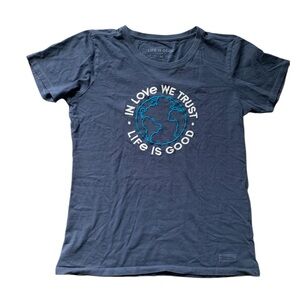 Life is Good Blue Crusher Tee with Embroidered Earth Design